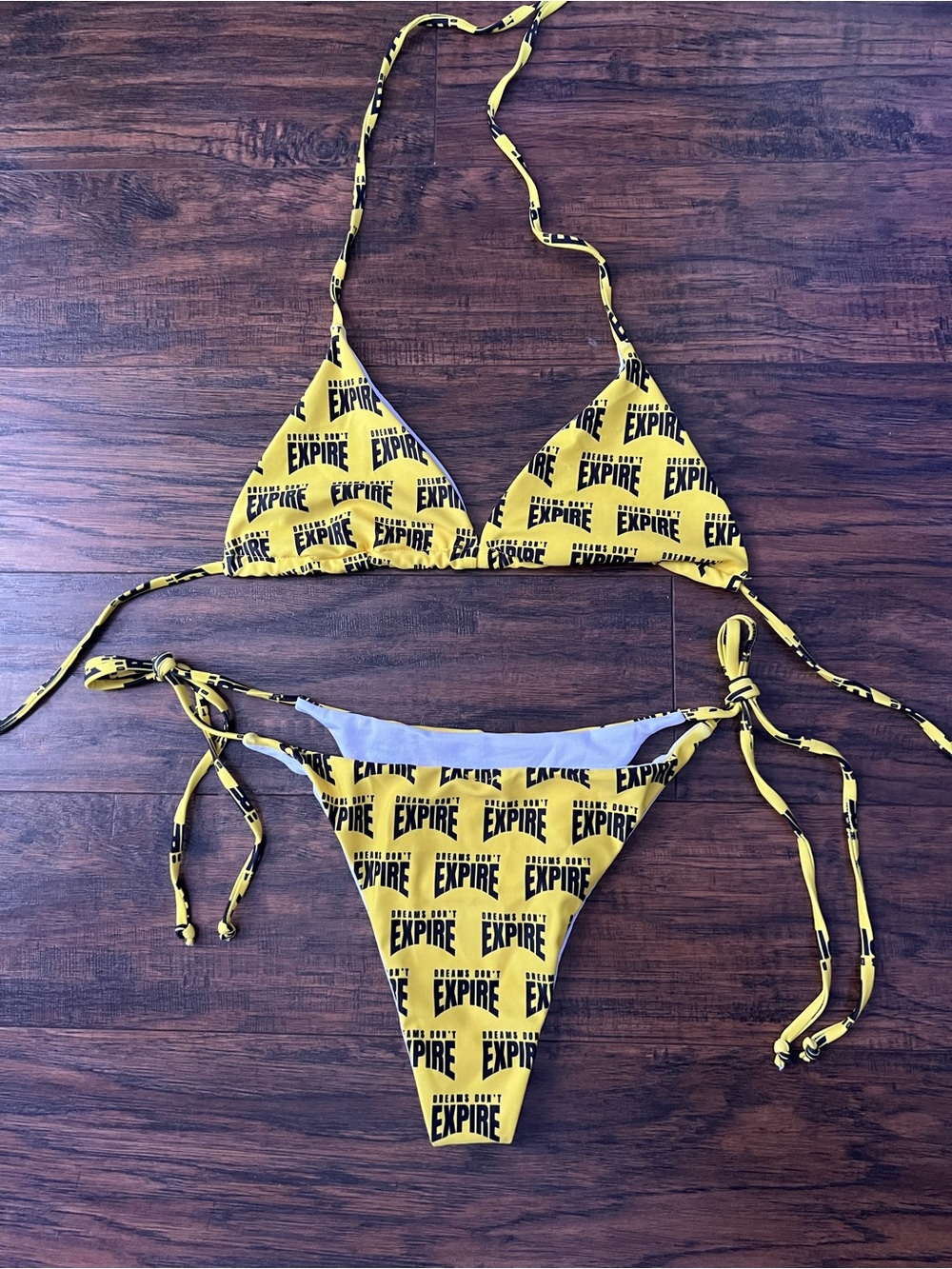 Yellow Text-Print Triangle Bikini Set